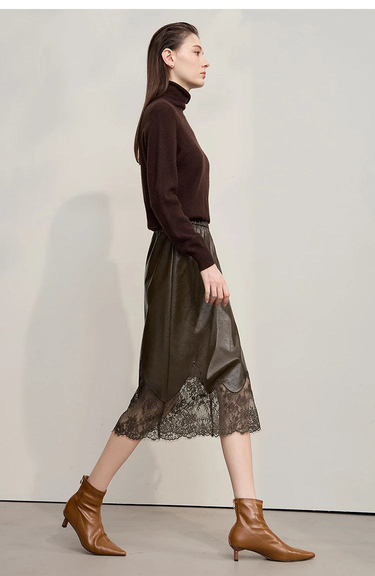 AMII Women's Skirt 2025 Autumn New Minimalist Versatile Clothing Ladies Leather Splicing Lace Solid A-line Midi Skirt 12543095