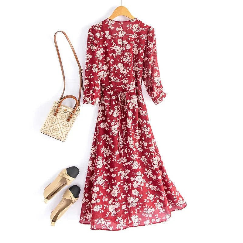 Silk Dress Summer New 2025 Women French Temperament V-neck Five-point Sleeve Printed Mulberry Silk Tea Break Dress