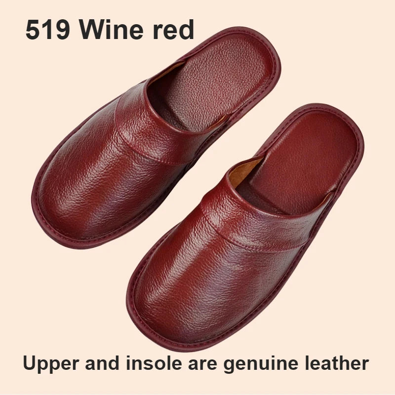 Genuine Cow Leather Slippers Homes in indoor slipper Spring Autumn summer men women elderly non-slip casual single Slides shoes