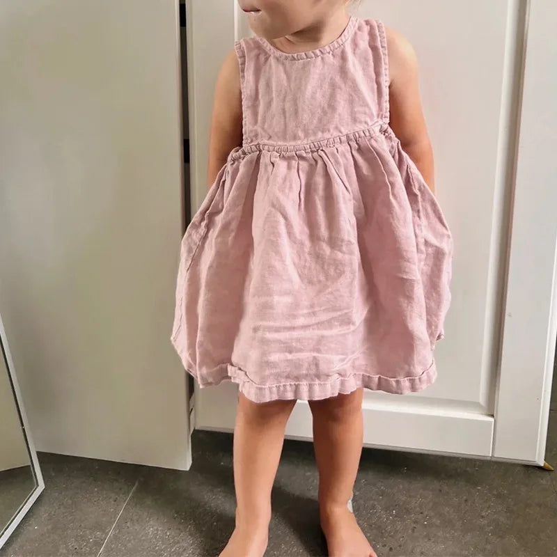 Linen Sleeveless Vest Dress Girls 2026 Summer New Cute Sunshine Baby Girl Dress Waist Pleated Round Neck Cotton Linen Dresses