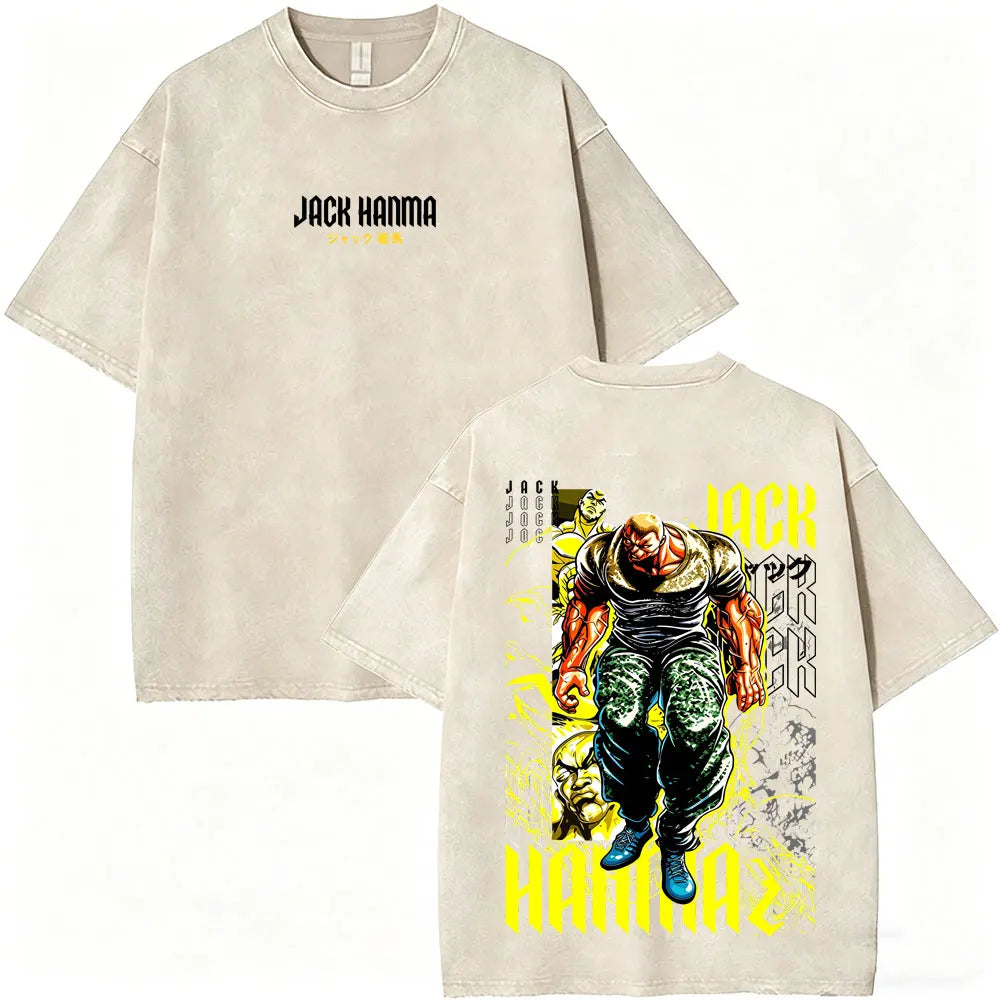 Washed Vintage Anime Baki Hanma Wake Up T-shirt Men Women Retro Manga Oversized T-shirts Men's Casual Cotton T Shirts Streetwear