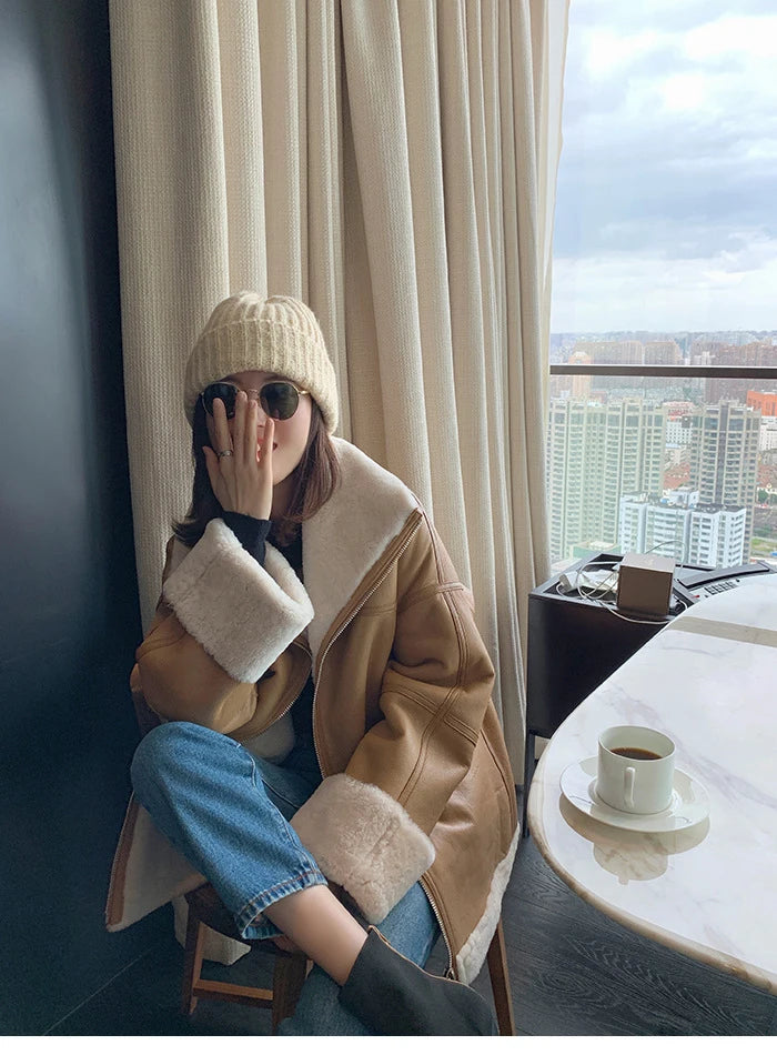 2025 Autumn Winter Fur Integrated Lamb Wool Coat Women's European And American Street Temperament Fashion Locomotive Fur Coat