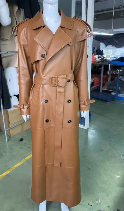 Suede Burgundy Long Coat Double Breasted Windbreak Length 150cm Women's Real Suede Coat