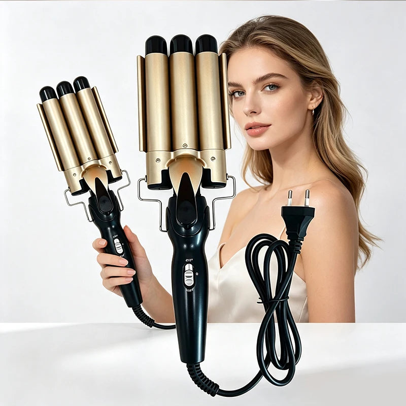 Professional curling iron - large curling three-tube curling iron - rod with water ripple and egg wave cross-border hair styling