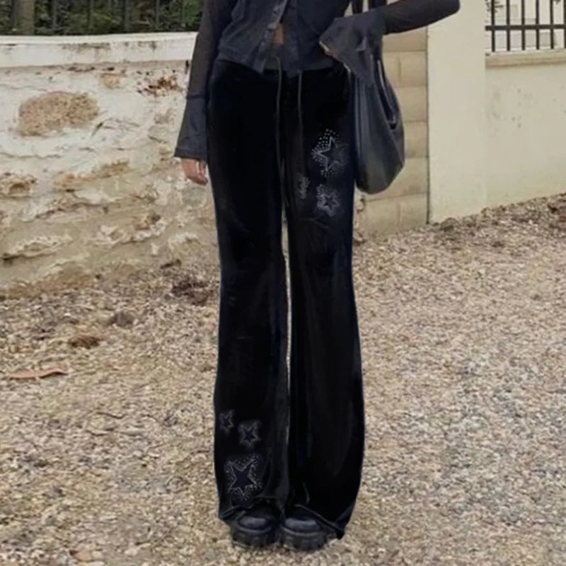 AltGoth Y2k Streetwear Gothic Velvet Pants Women Dark Cyber Punk Harajuku Grunge Pentagram Printed Low Waist Stright Pants Femme