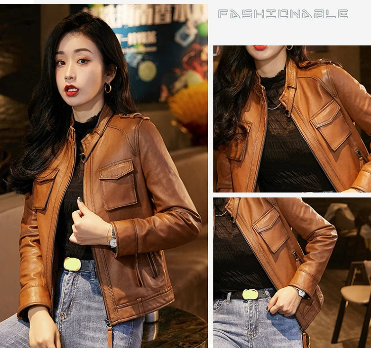 Autumn Clothes Women Genuine Sheepskin Short Locomotive Jaqueta Feminina Stand Collar Slim Vintage Versatile Brown Leather Coat