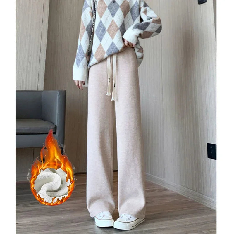 Winter Girls Snow Warm High Waisted Thermal Pants Women Fashion Straight Leg Plush Trousers Lady Thin Fleece Daily Pants