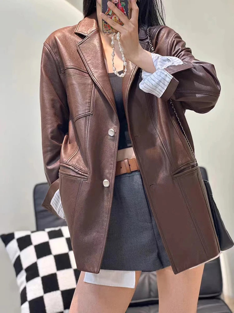 2025 Autumn Women's Oversized Real Leather Jacket Female 100% Sheepskin Retro Brown Broad Shoulder Suit Coat Streetwear Blazer