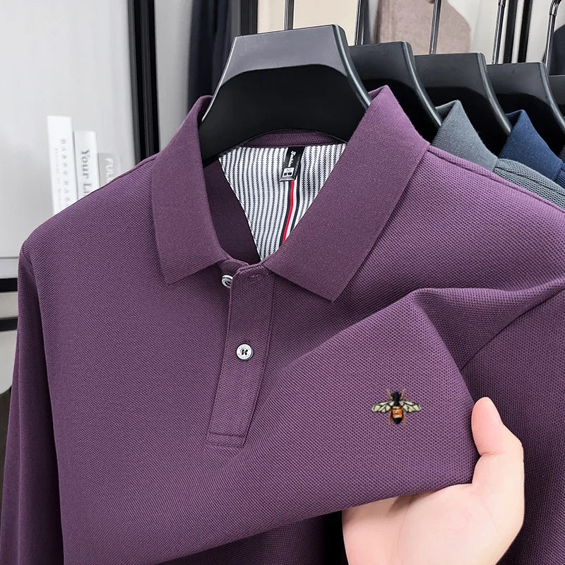 100% pure cotton high-end luxury brand men's long sleeved polo shirt autumn fashion hot selling bee embroidery casual T-shirt