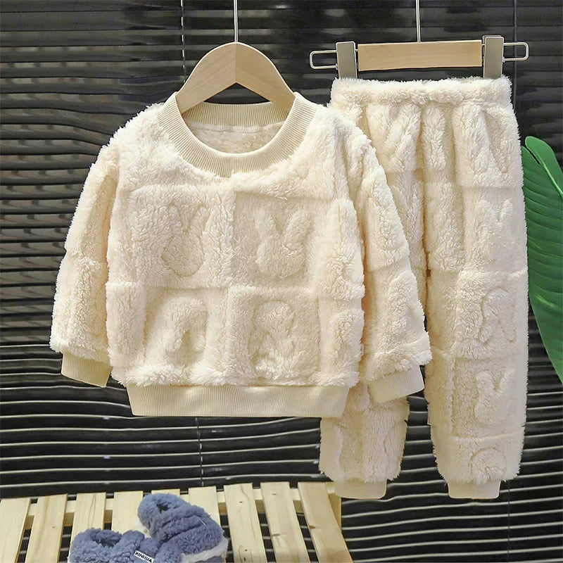 Baby Girls Clothes For Children Clothing Sets Autumn Winter Kids Boys Plus Fleece Warm Sweater Tops Pants 2pcs Outfits Suit