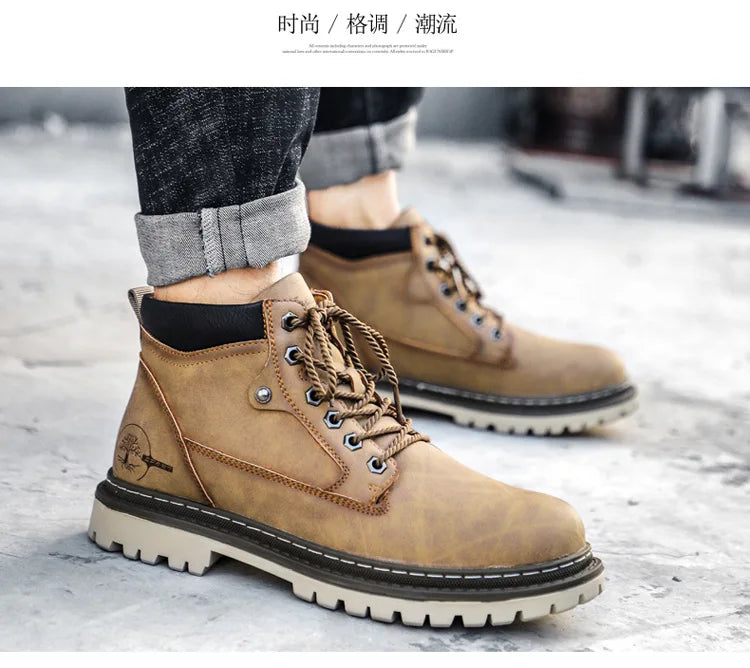 Men's High-Top British Style Motorcycle Boots Durable Cowboy Ankle Shoes Rugged Casual Non-Slip Leather Outdoor Work Footwear