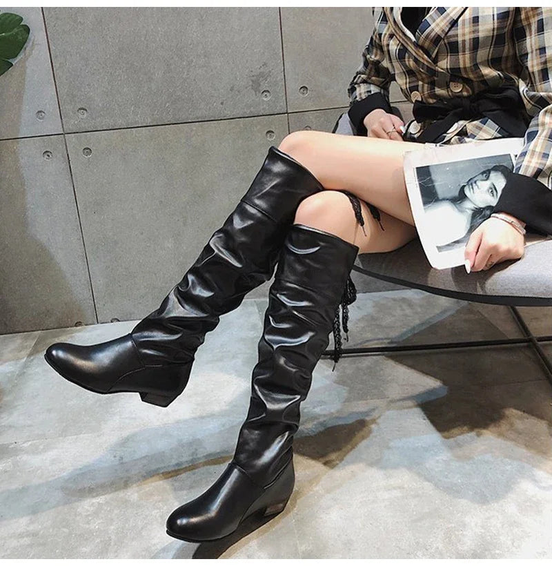 Shoes For Women  Knee High Boots Red Black White Tall Boots Woman Pleated Low Heel Casual Leather Female Long Shoes