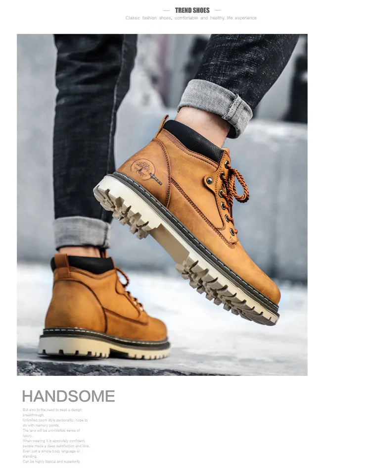 Men's High-Top British Style Motorcycle Boots Durable Cowboy Ankle Shoes Rugged Casual Non-Slip Leather Outdoor Work Footwear