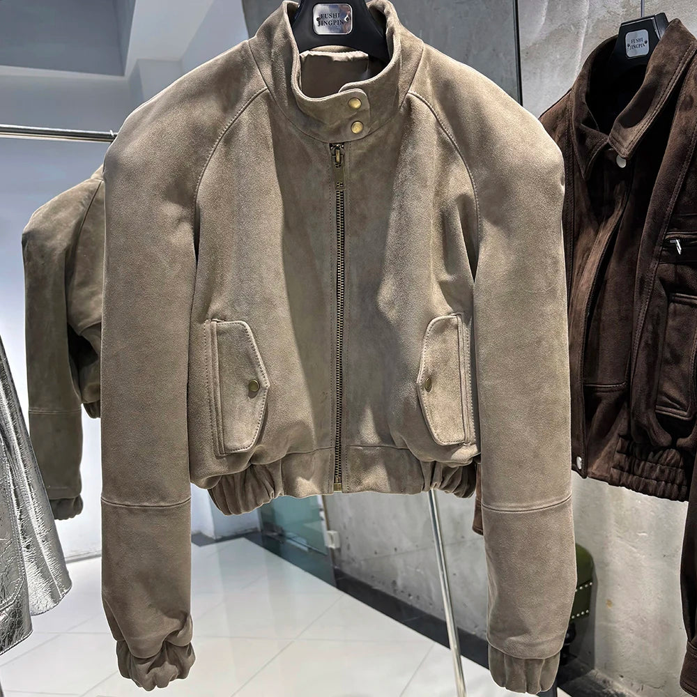 YOLOAgain Suede Leather Jacket Coat Women Real Leather Cropped Jacket Bomber Jacket 2025 Autumn