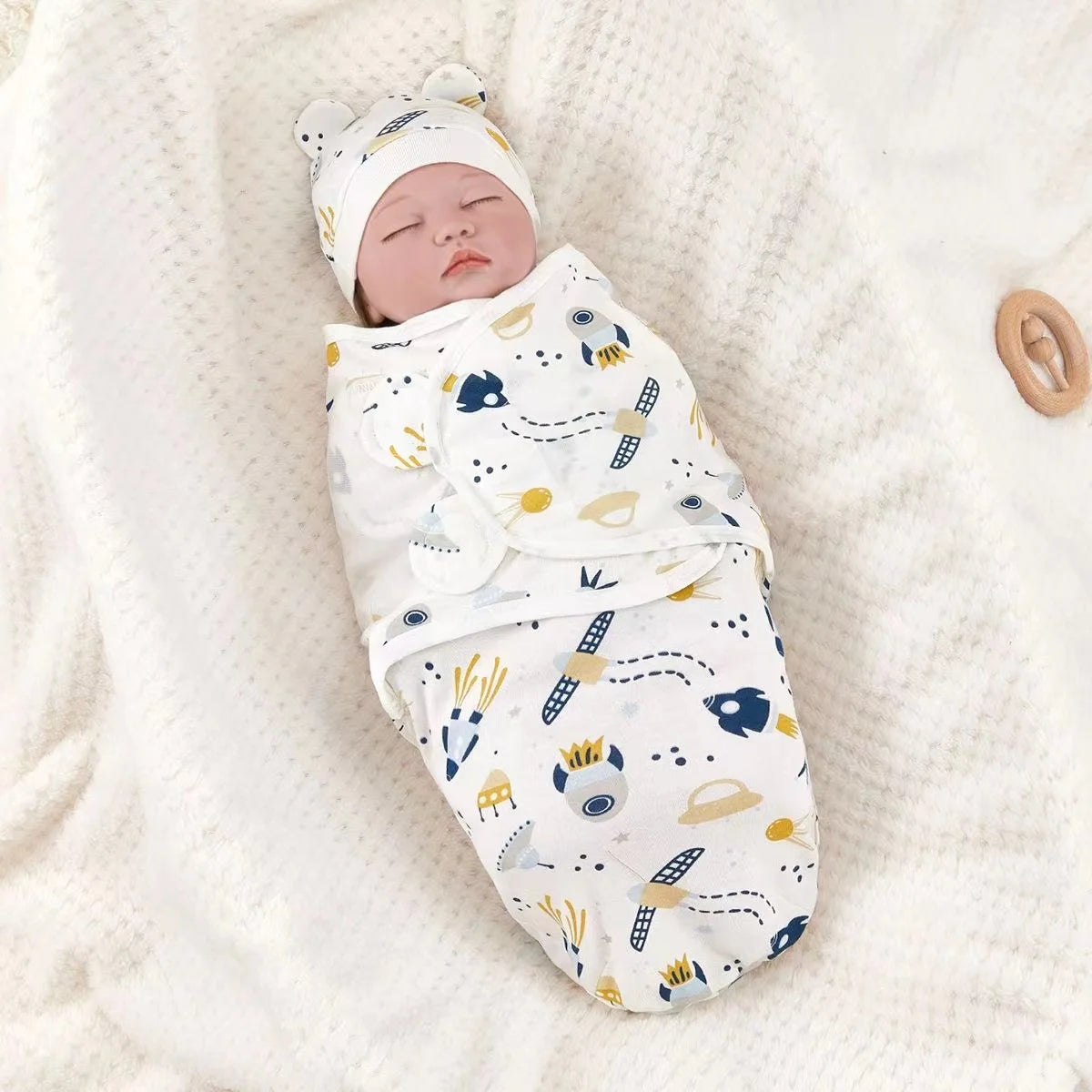 Baby Blanket Hat Set Cartoon Printed Cotton Newborn Swaddle Adjustable Infant Sleeping Swaddle Wraps All Seasons 0-6 Months