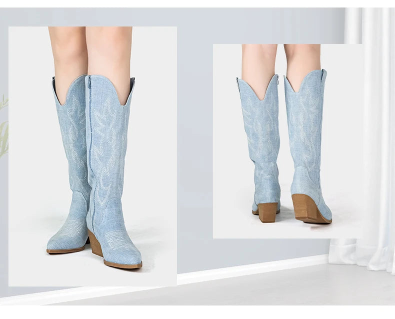 Shoes for Women New Embroidered Western Cowboy Boots Women Autumn Pointed Toe Thick Heel High Knee Boots
