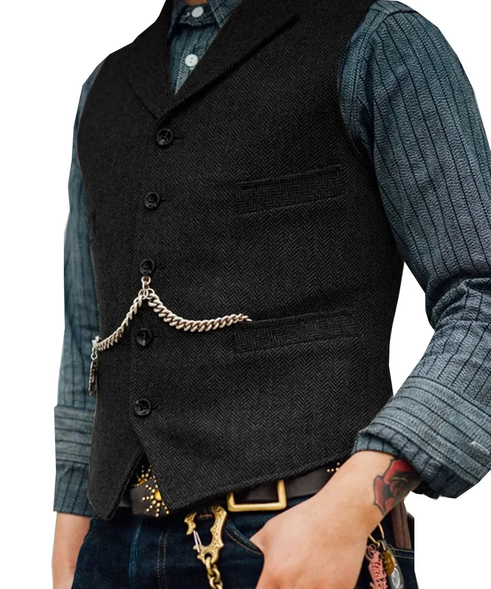 Wool Tweed Men's Suits Vest for Groomsmen Wedding Lapel Casual Slim Business Vests Sleeveless Waistcoat Male Gilet Homme Vests