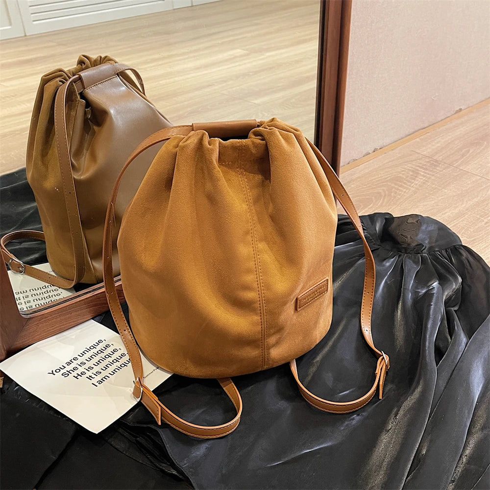 2024 Latest Women Fashion Backpacks Drawstring Bucket Shoulder Bags Soft Suede Large Capacity Rucksack For Travelling Shopping