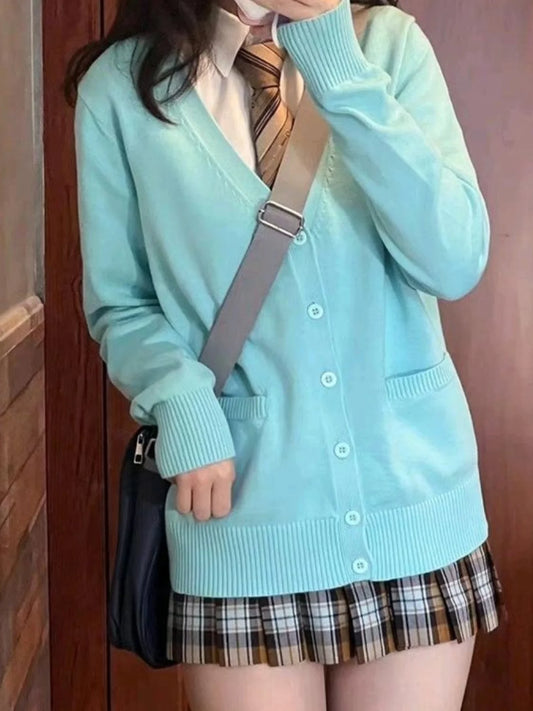 Loose Long Sve Knitted Pink Sweater Jk School orm Sle Women's Open Cardigan Coat Autumn Season Sweet Sle V Ne