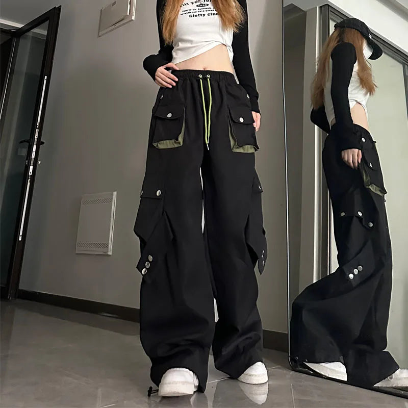 American High Street Workwear Casual Pants Women Loose Color Block Straight Leg Long Pants Pocket High Waist Wide Leg Trousers