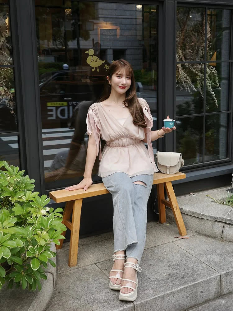 Women's Tops Summer Bow Tie Sweet Elegant Blouse Femme V Neck Shirt Waist-Cinching Japanese Style Sleeveless Chiffon Blouse