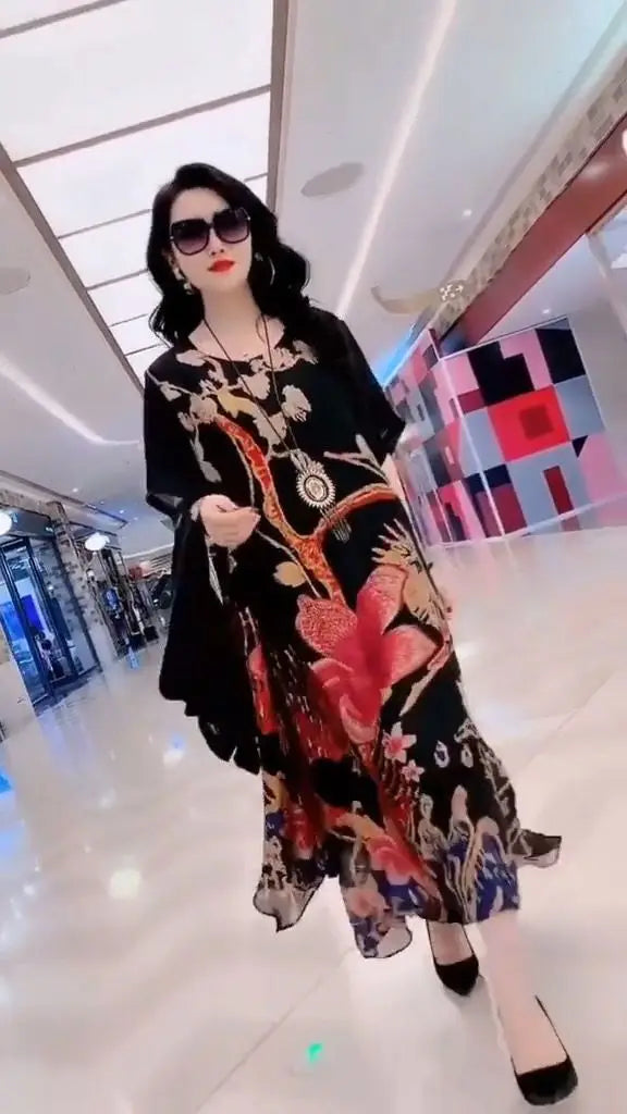 Authentic Silk Dress for Mother, Silkworm Loose Dress, High-End Print, 2-Piece Dress, Women's Dresses, Spring, Summer, New, 2023