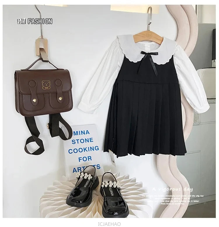 Sundress Black for Girls Children Junior Dress Elementary School Student Uniform Suit School Kids White Blouse Pleated Skirt Set