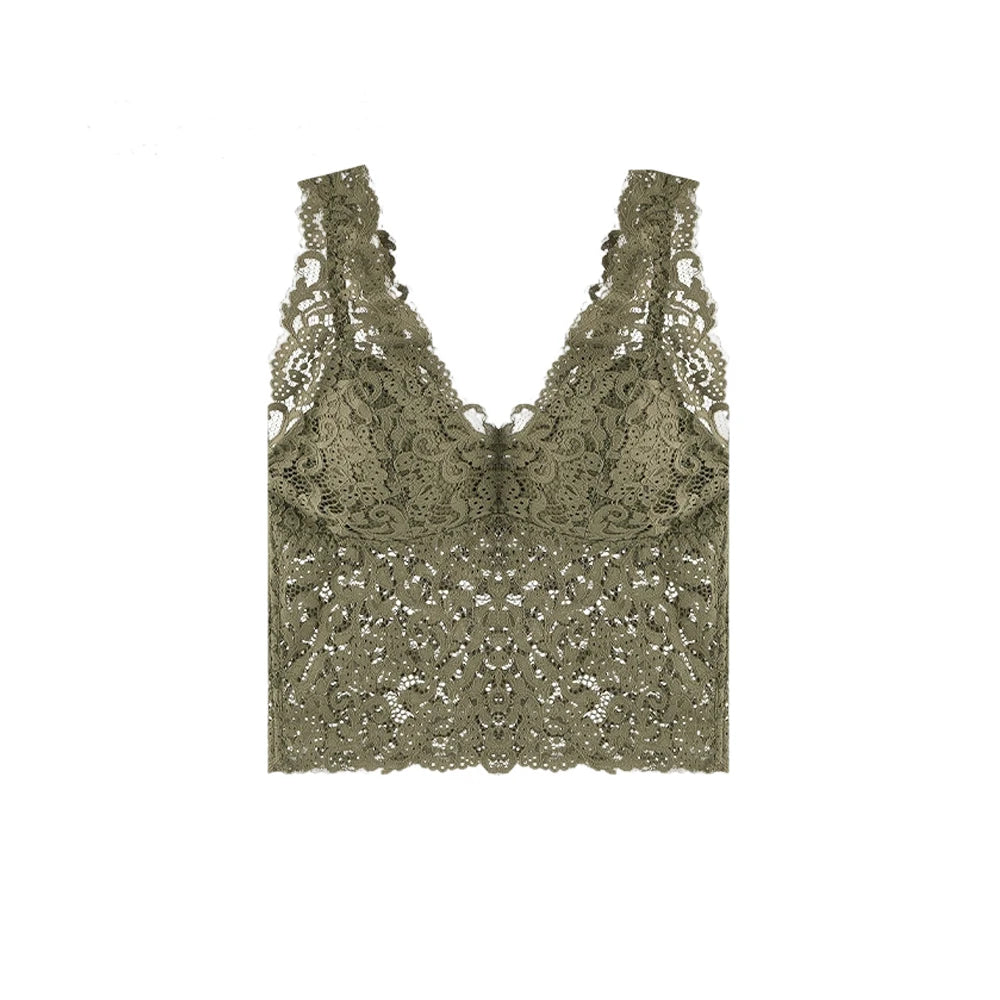 Summer Sexy Deep V Lace Vest With Breast PadsEmbroidery Floral Tank Top Wrapped Chest Camisole Padded Crop Tank Top For Women