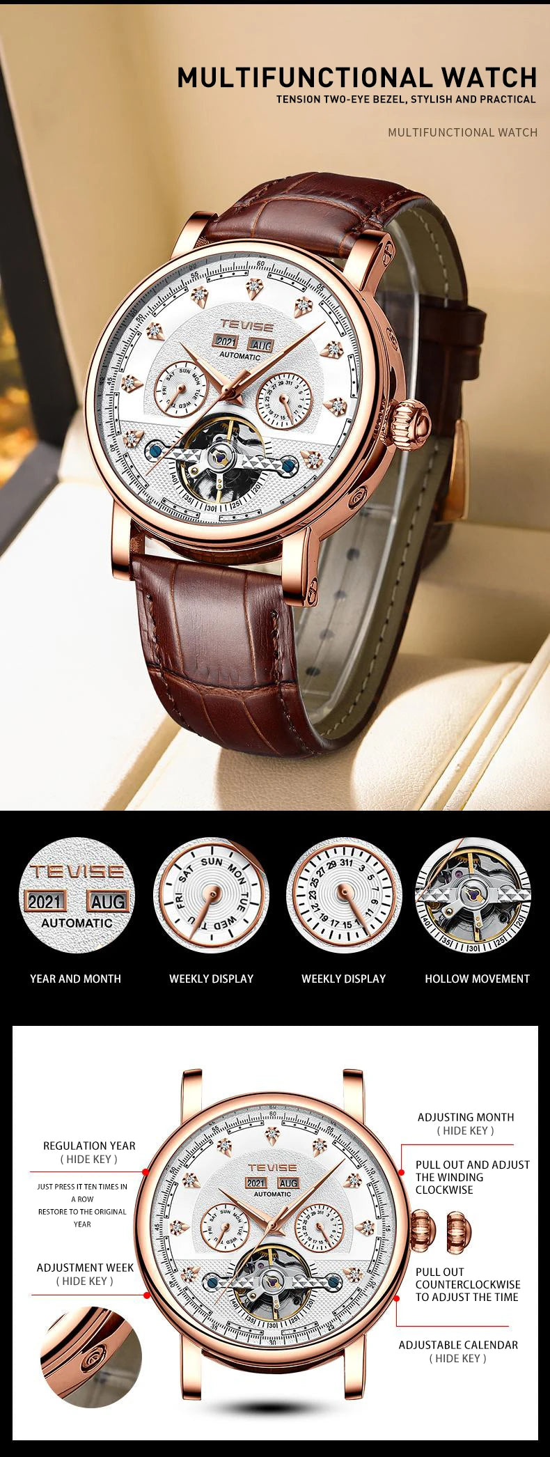 TEVISE Watch for Men Automatic Mechanical Movement with Calendar Luminous Fashion Casual Business Wristwatch