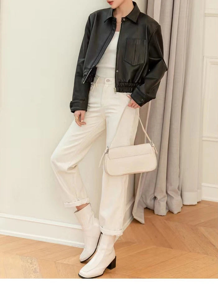European 2025 New Fashion Short Leather Jacket For Women Casual Elastic Band Waist Top Clothing Mujer Varsity Claret Veste
