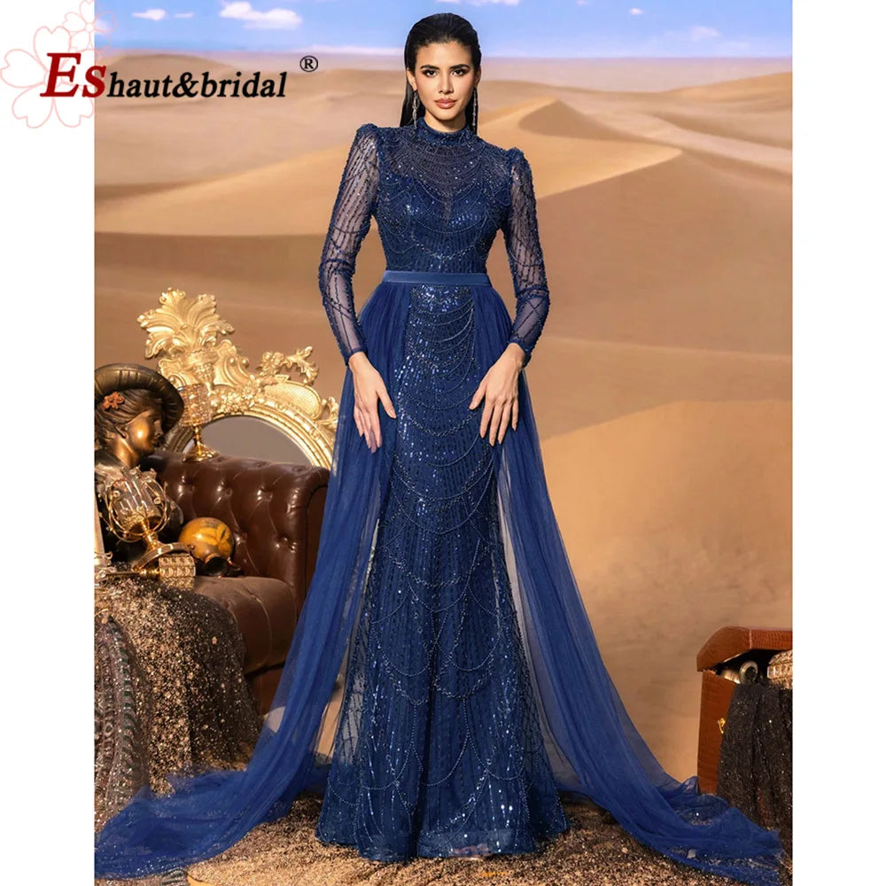 Elegant Wedding Evening  Dress for Women 2026 Muslim Long Sleeves Mermaid Detachable Train Sequined Prom Party Gown Customized
