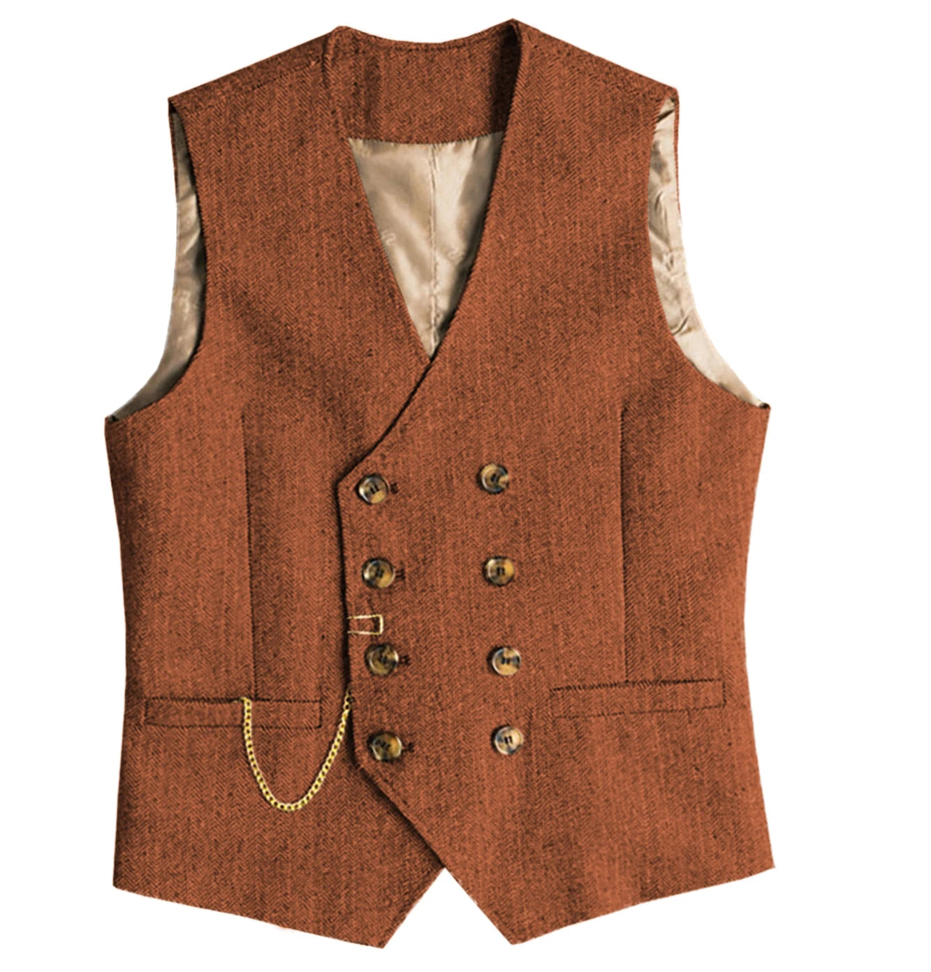 V Neck Men's  Suit Vests Herringbone Wool Tweed Double Breasted Waistcoat Tuxedo Groomsmen For  Wedding