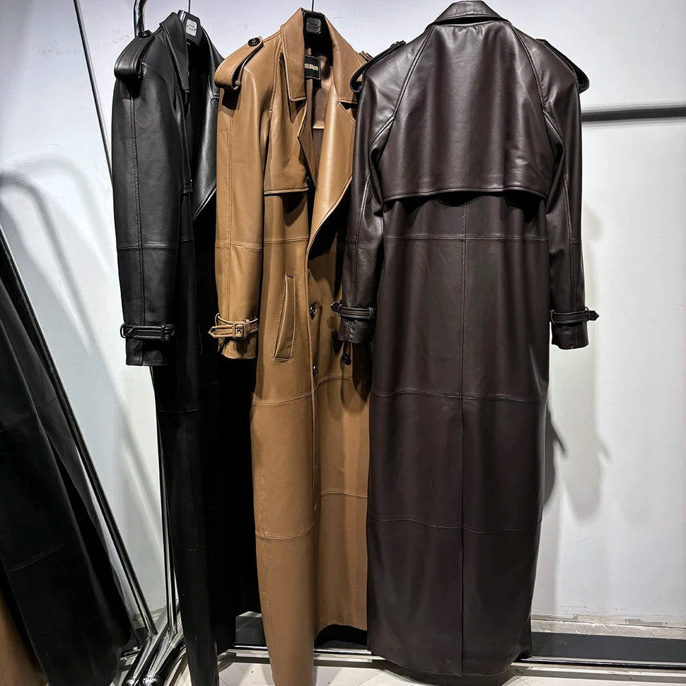 YOLOAgain 150cm Extra Length Real Leather Trench Coat Women Double Breasted Suede Coat Female
