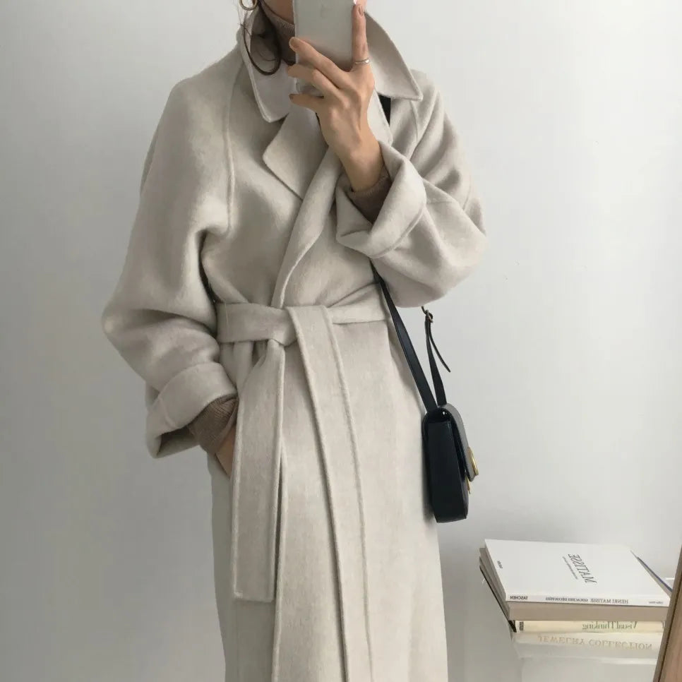 Elegant Woolen Coat Women's 2025 Autumn Winter Mid Length Adjustable Waist Thick Casual Long Sleeve Fashion Wool Coats Female