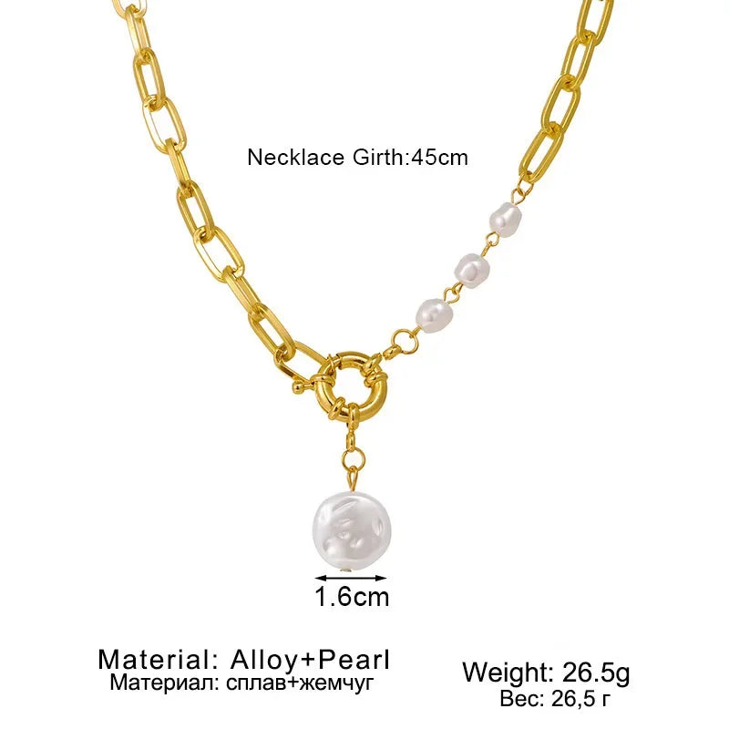 Trendy Elegant Baroque Pearl necklace for Women Charm Stainless Steel Beaded Chain Pendants Wedding Bridal Jewelry Party Gift