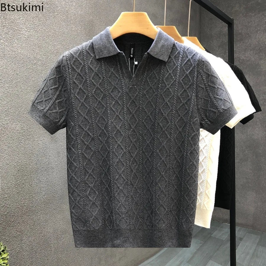 Polo Style Sweaters for Men Summer New Slim Fit Short Sleeve Business Casual T-shirts Male Solid Turn Down Collar Knitwear Tops