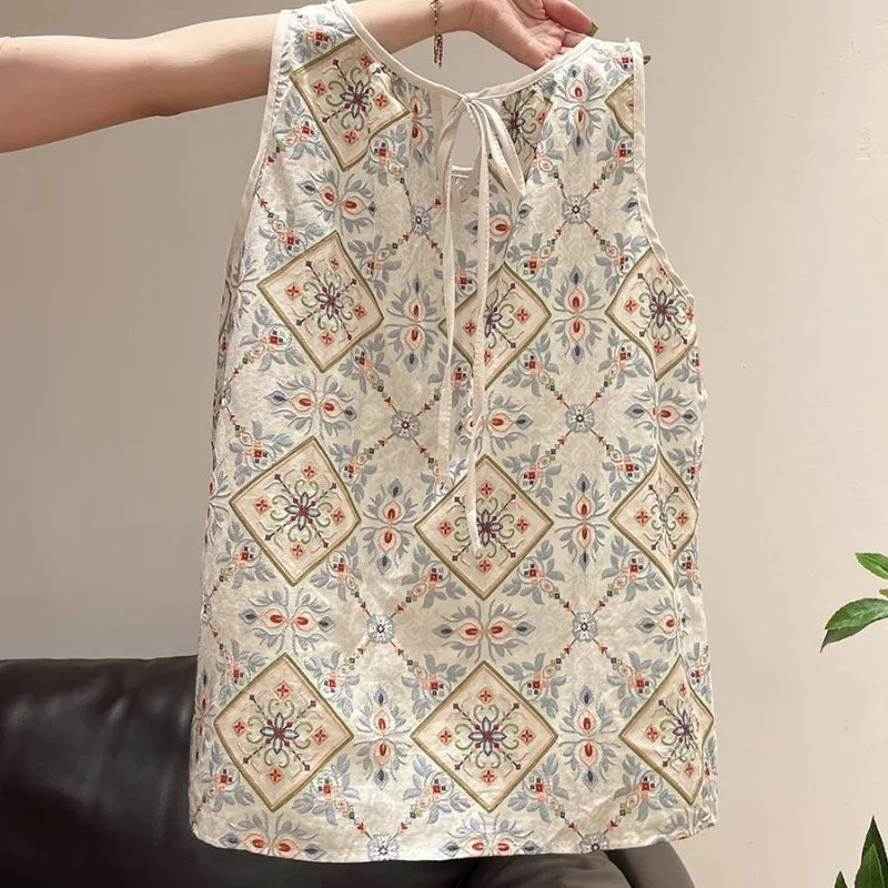 Women Clothing Summer Fashion Printing Contrasting Colors O-neck Female Trend Sexy All-match Appear Thin Sleeveless Tank Top Top