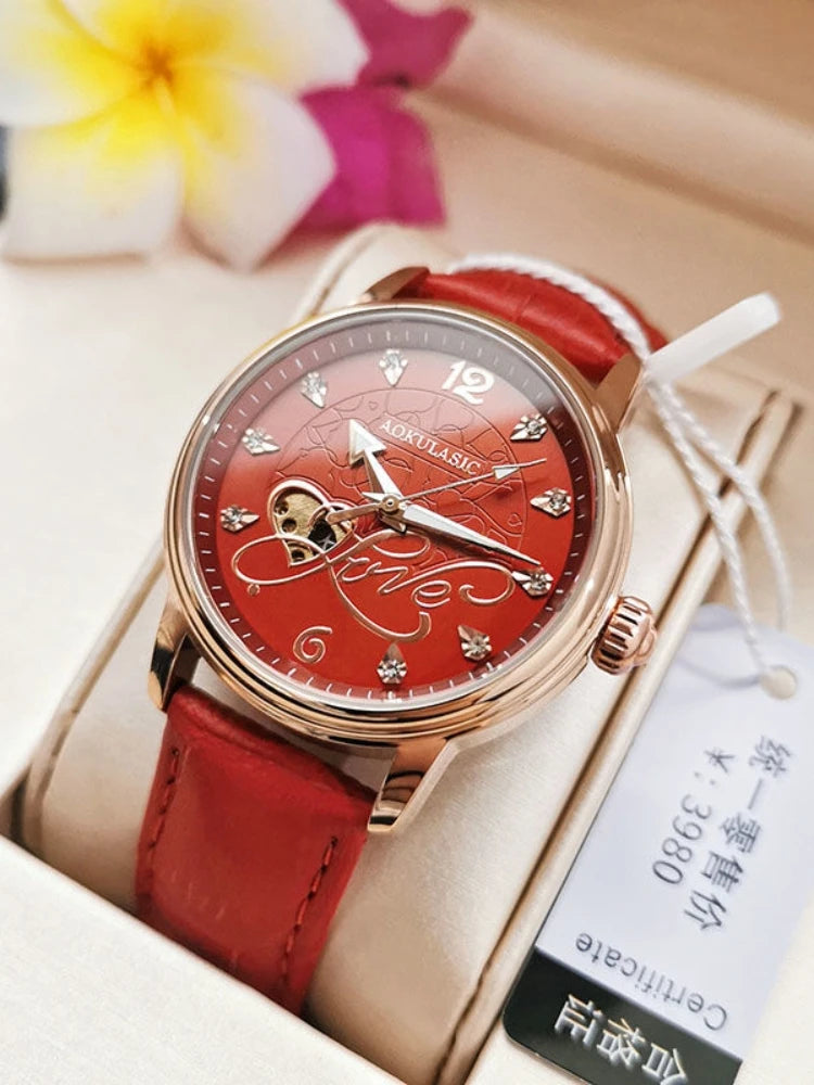 Authentic Fully Automatic Mechanical Watch for Women, Hollow-Out, Luminous, Waterproof, Elegant, High-End, New Korean Style, Simple Watch, the Best Gift for a Girlfriend, No Batteries Needed