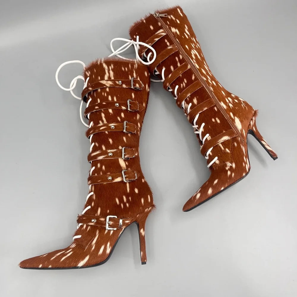 Horsehair Metal Rivet Buckle Betl Long Boots Thick Heel Sexy Pointed Toe Zipper New Arrivals Fashion Women Modern Boots