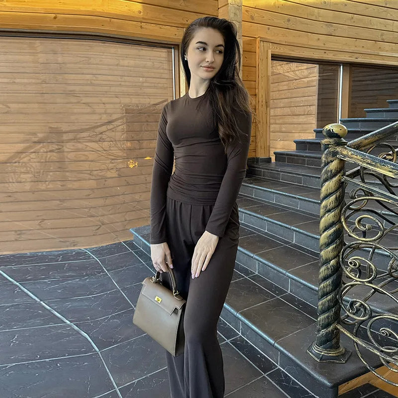 Apprabant Solid Pleated Casual Basic Trousers Set Round Neck Long Sleeve Top Fashion Sports Style High Waist Wide Leg Pants Suit