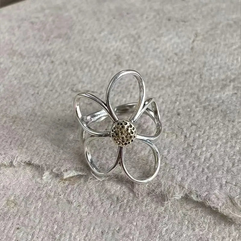 Sterling Silver Rings for Women Couple Minimalist Handmade Simple Big Flower Ring Party Jewelry Gift Prevent Allergy
