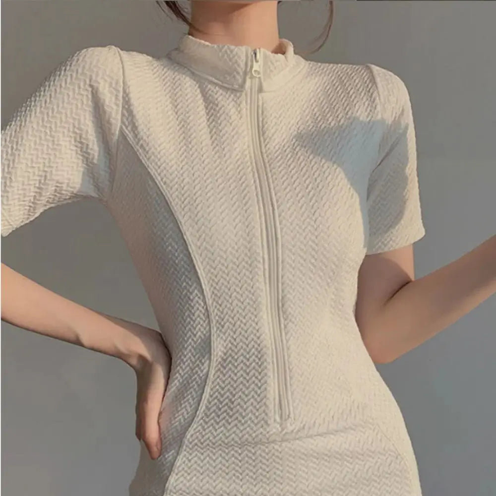 New Fashion Short Sleeve Swimming Suit Solid Half High Collar Bathing Suit Blue High Neck Rash Guard Swimming