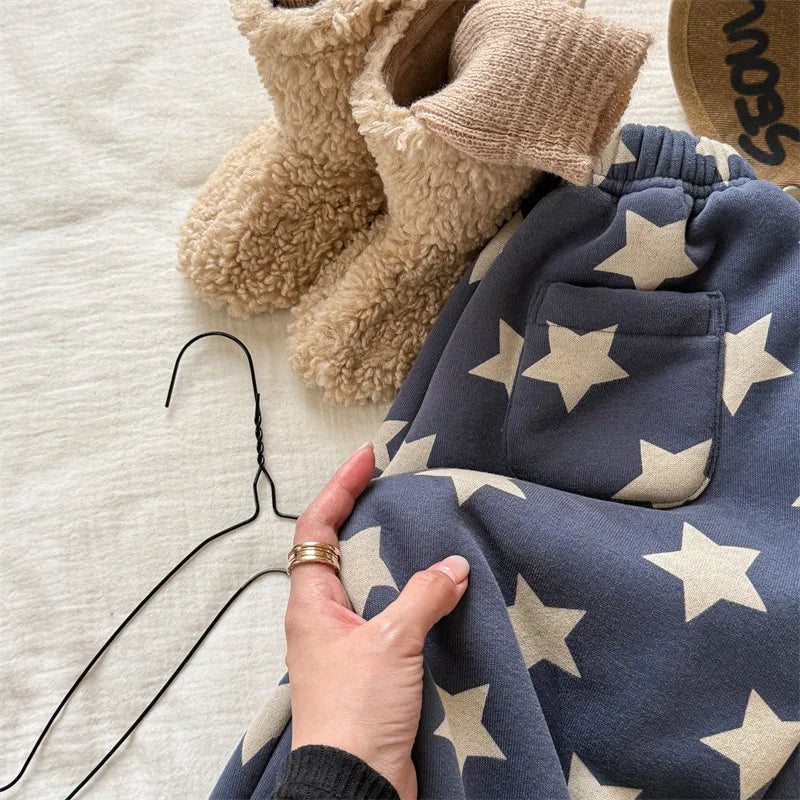 2025 Winter New Children Plus Velvet Thick Casual Pants Fashion Print Boys Fleece Sweat Pants Girls Warm Trousers Kids Clothes