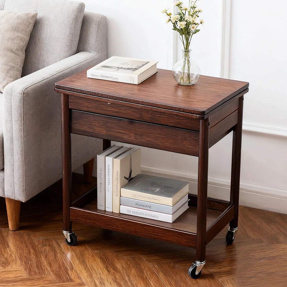 Space-Saving Extendable Foldable Dining Table with Drawer & 4 Wheels - Farmhouse Walnut Color for Living Room Kitchen