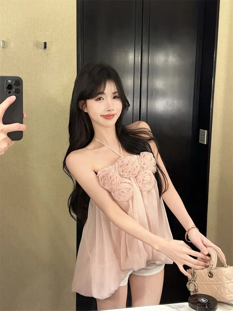 Summer Floral Strapless Tube Top Elegant Blouse Tank Lady Top Y2k Top Cute Fashion Corset Top Mesh Top Sexy Chic Tank Top Women