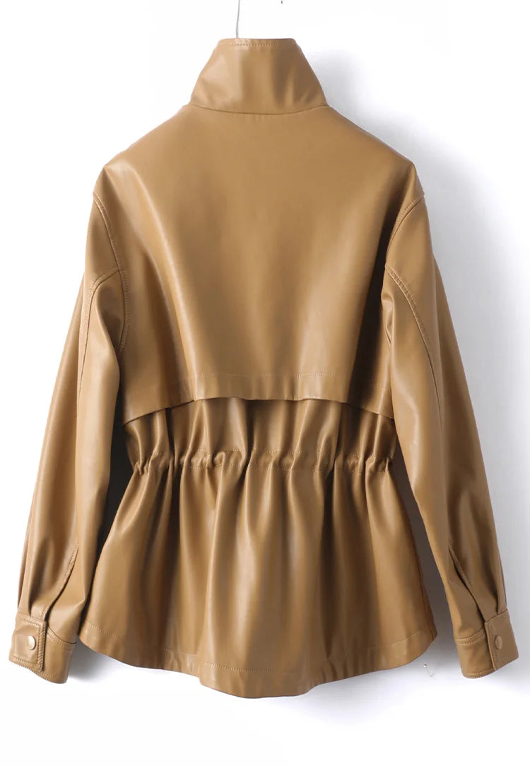 M-3XL Fashion Stand Collar Shrink Waist Sheepskin Jackets 2024 Fall Casual Loose Female Zipper Covered Button Split Leather Coat