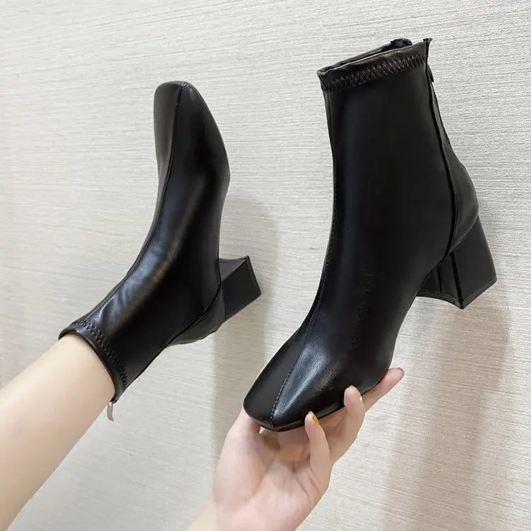 Ladies Bla High Heel ort Boots Spring Autumn Briti Sle Square Head  Boots Faionable Waterproof PU Leather
