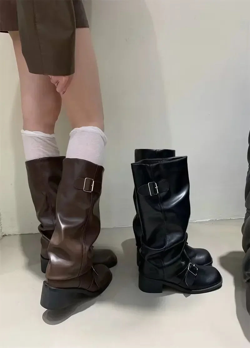Woman Boots Knee High Platform Chunky Heels Trend Punk Gothic New Rock Leather Fashion Women's Shoes Motorcycle Footwear