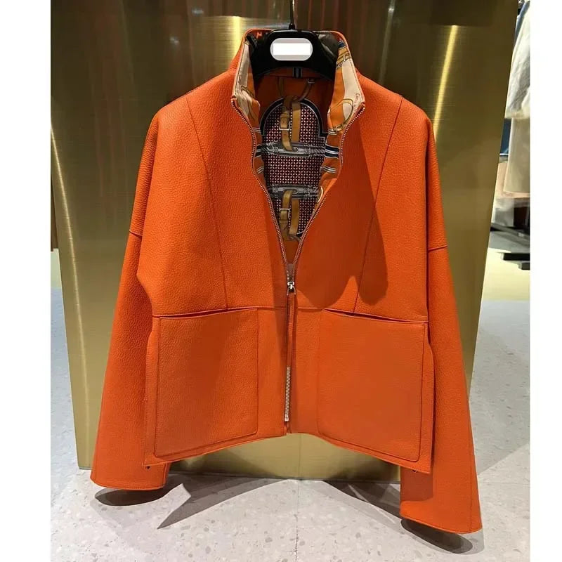 New fashion 2025 women coat sspring orange import real sheepskin jacket floral pattern lining short length big pockets