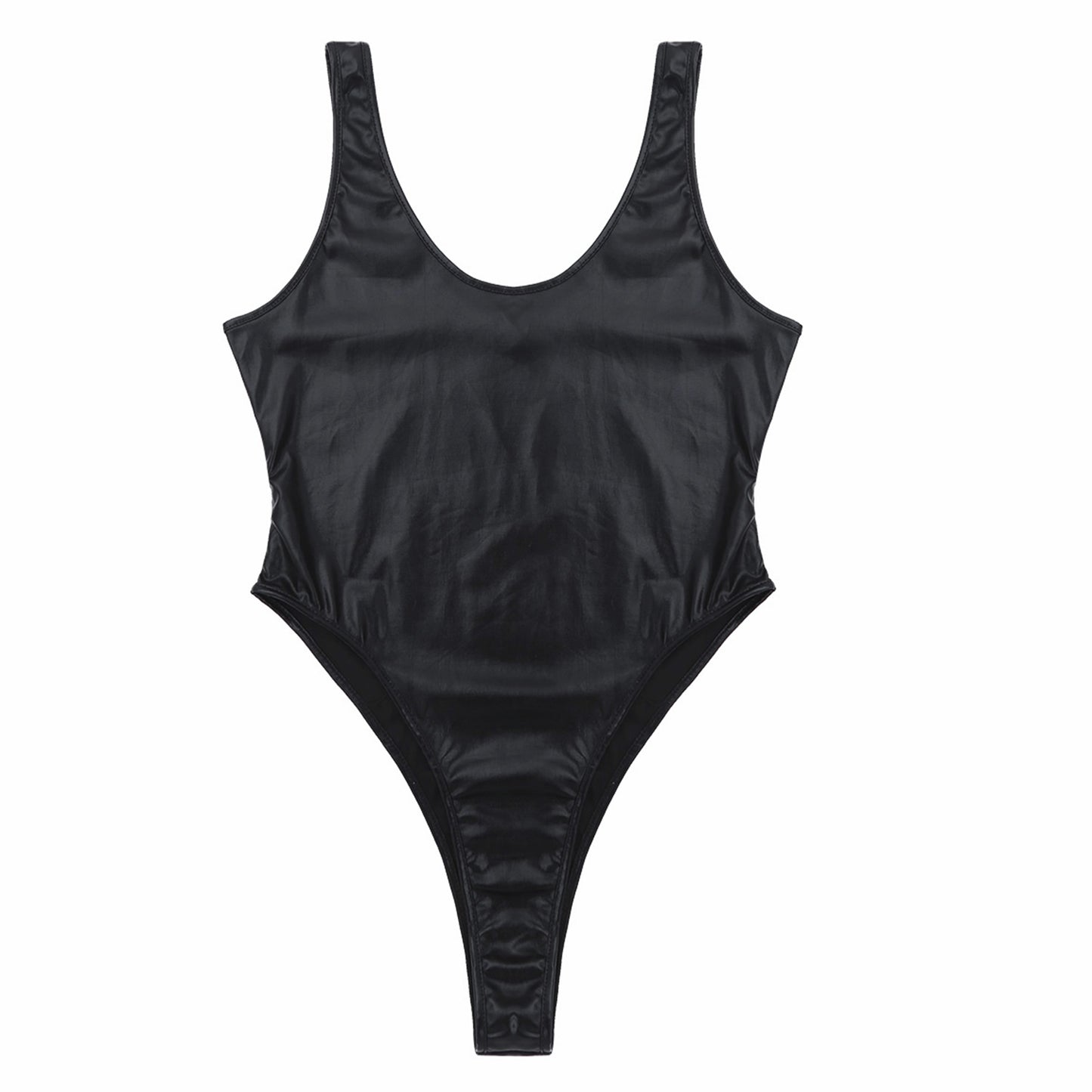 Mens Glossy Bodysuit Fashion One-piece Swimsuit Sleeveless High Cut Wetlook Faux Leather Stretch Leotard Unitard Bathing Suit